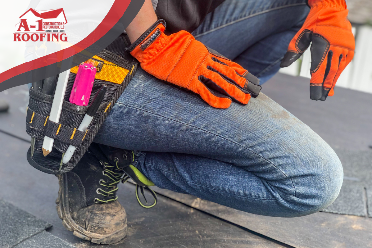 A certified roof repair expert from A-1 Roofing inspecting a damaged roof in Davenport.
