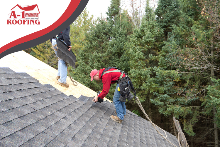 Roofing experts from A-1 Roofing installing eco-friendly Timberline CS Shingles on a Bettendorf home, showcasing sustainable roofing practices.