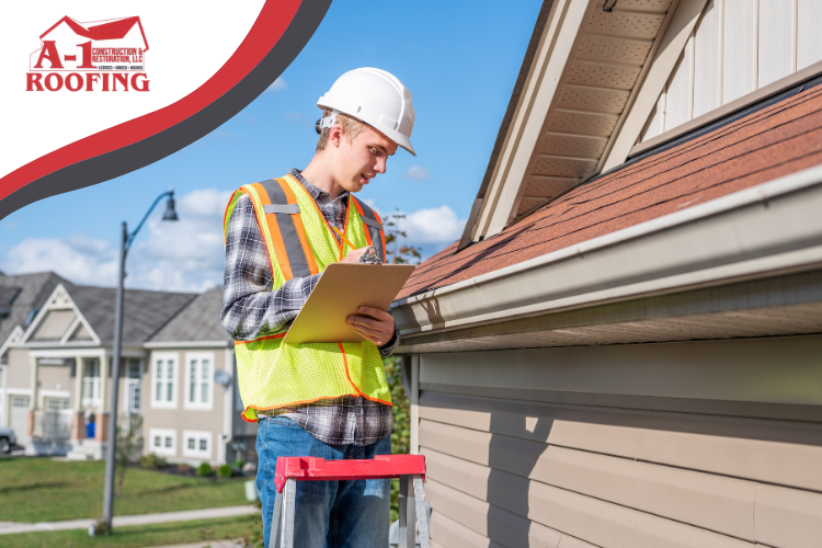 East Moline roofing services team member inspecting a roof for El Niño preparedness.